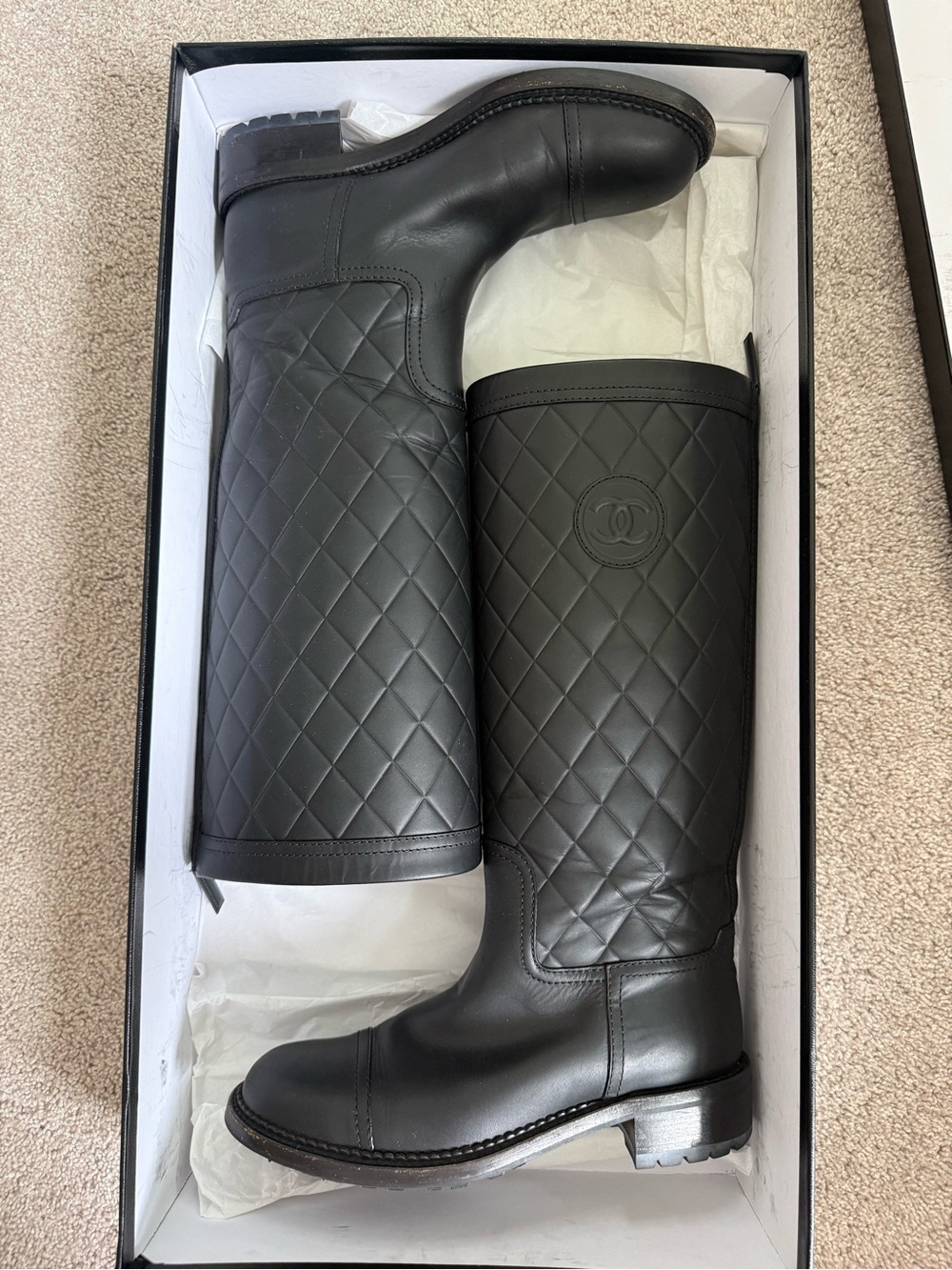 Chanel Quilted Leather Knee-High Riding Boots in Black